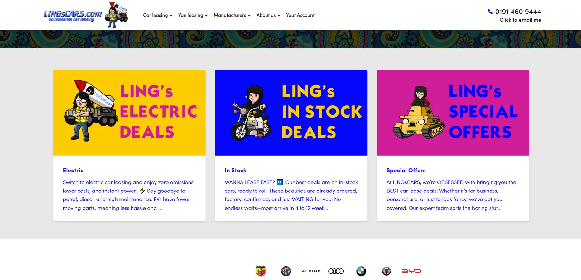 LingsCars website homepage featuring mascot in hero section and promotional cards