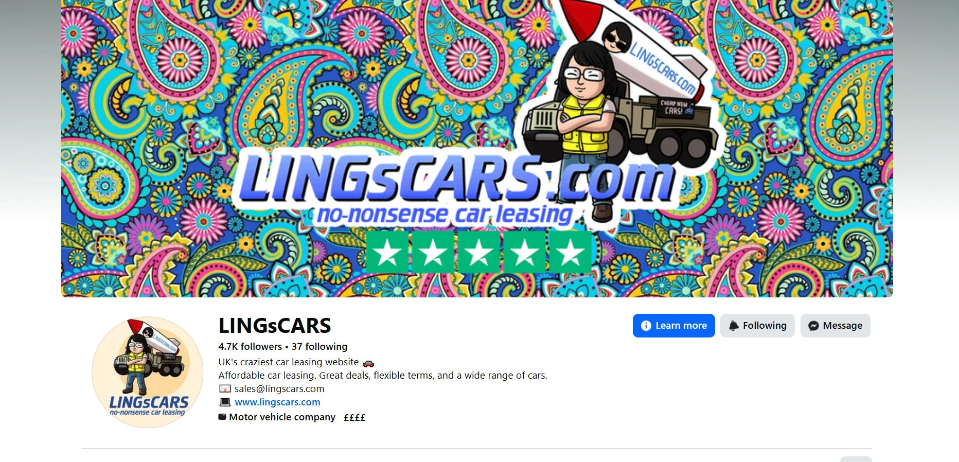 LingsCars Facebook page with mascot deployed as profile and cover image